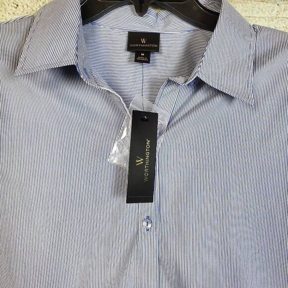 WORTHINGTON Women's Button Down Shirt Medium Blue White Stripe Long Sleeve NWT - Picture 2 of 6